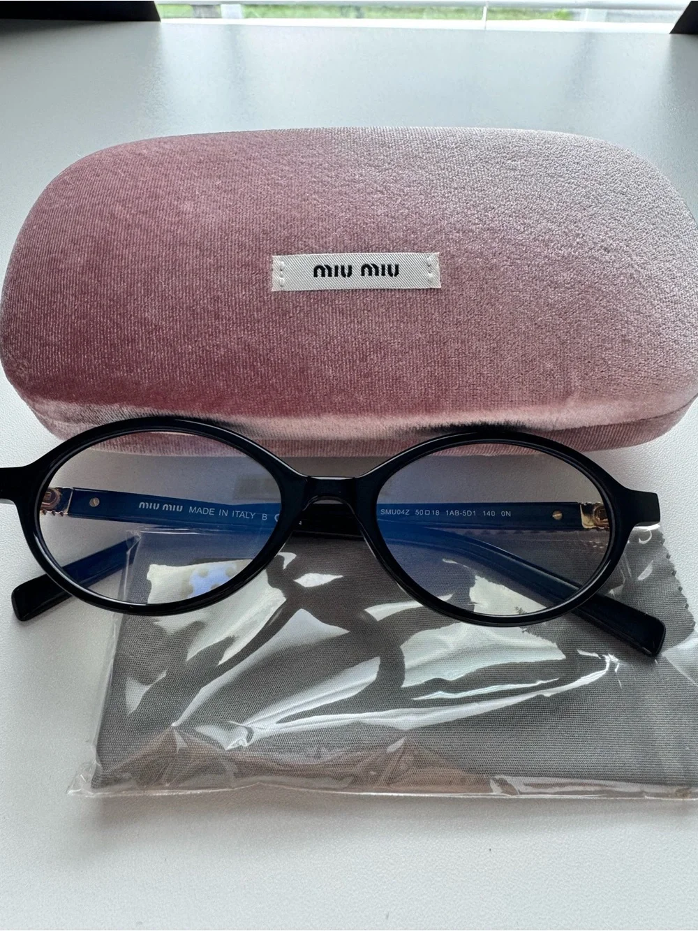 Miu Miu Black Round Acetate Glasses with Pink Velvet Case